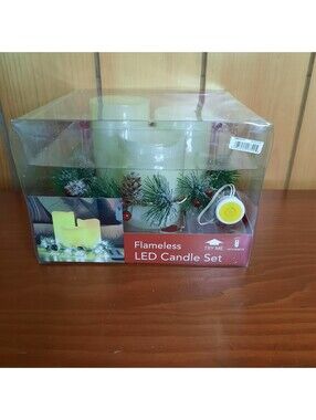 Pillar Flameless Candle + Christmas Wreath Red Berries Pines Holiday Decor New